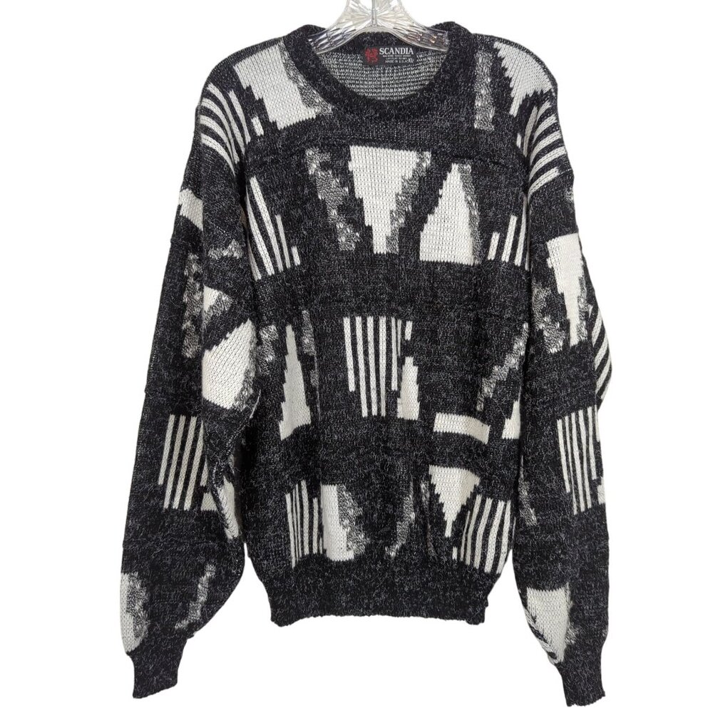 Vintage Scandia Sweater XL Black White Abstract Geometric Knit 80s 90s
